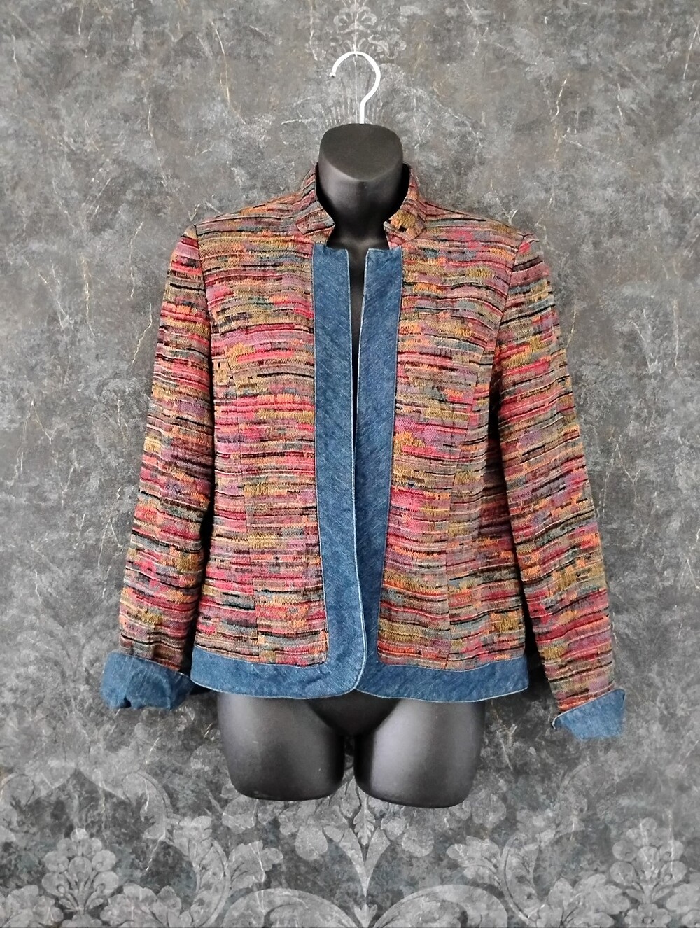 Coldwater Creek Multicolor Textured Woven Jacket with Denim Trim - Size XS